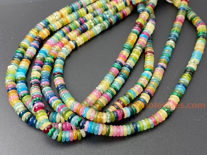 2x6mm Pink red Yellow green multi color jade stone Heishi beads, 15"