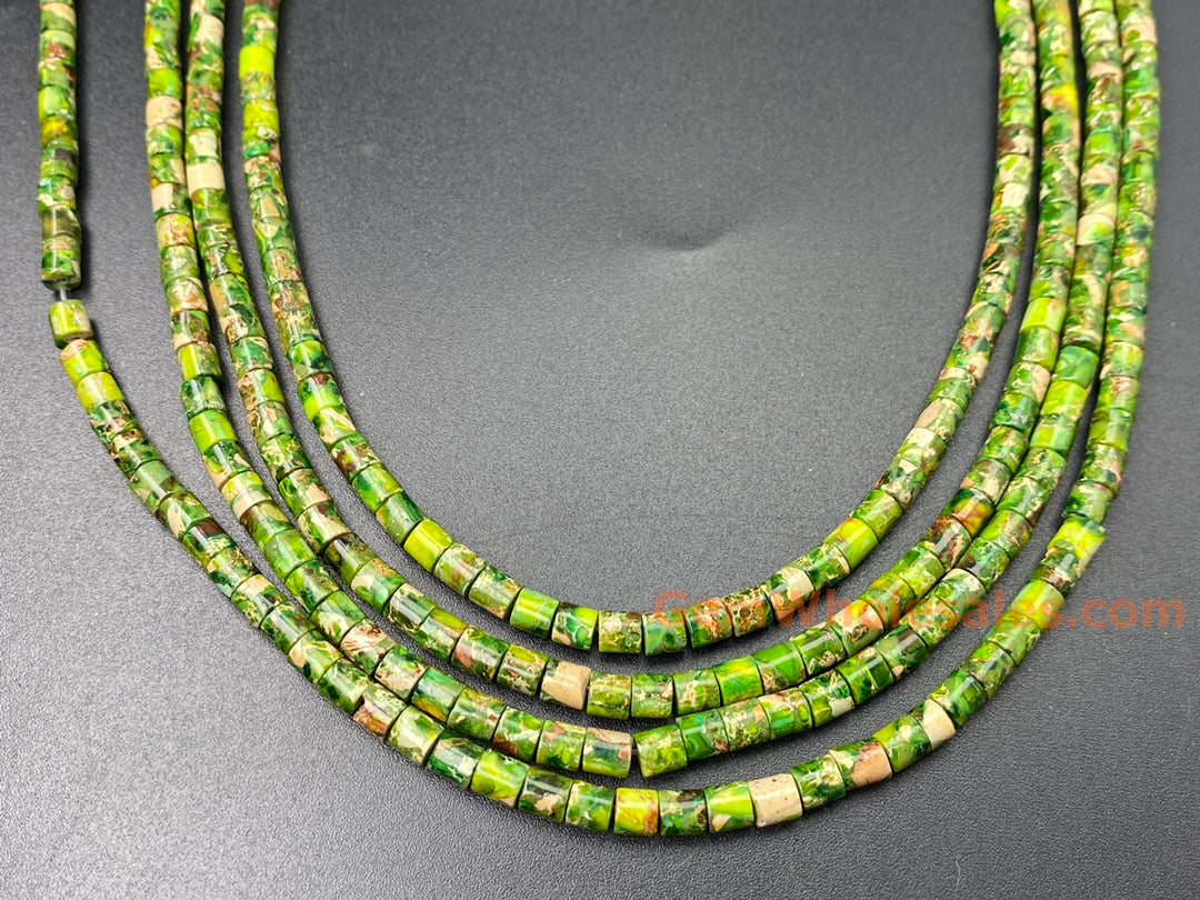 15.5" 4x4mm yellow green Sea Sediment, Impression Jasper tube Heishi beads