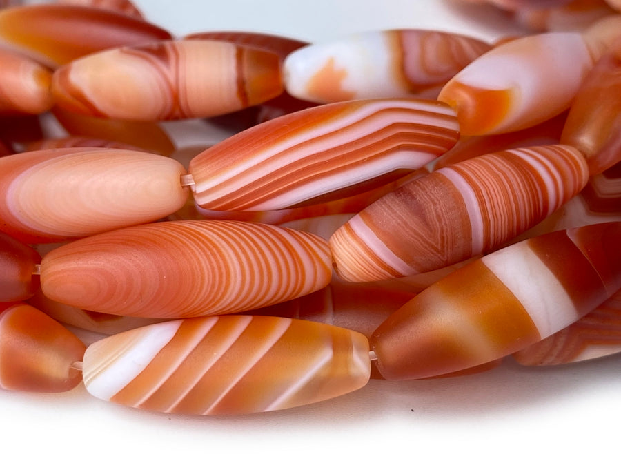 15" 10x30mm matte/frosted red stripe Agate oval/rice beads