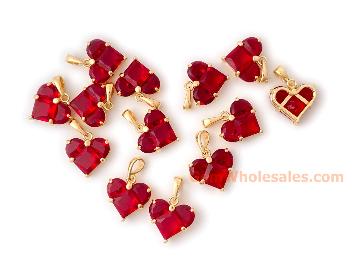 2PCS 14mm gold plated brass heart charms pendant, red zircon heart