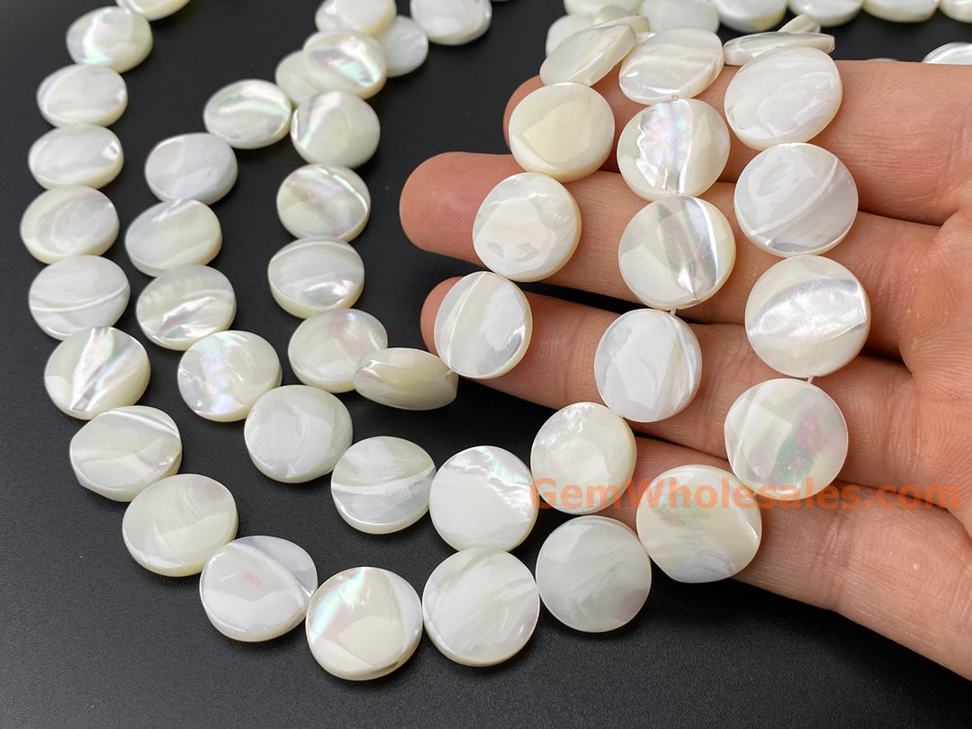 Natural white mother of pearl MOP 15mm coin beads, 15.5"