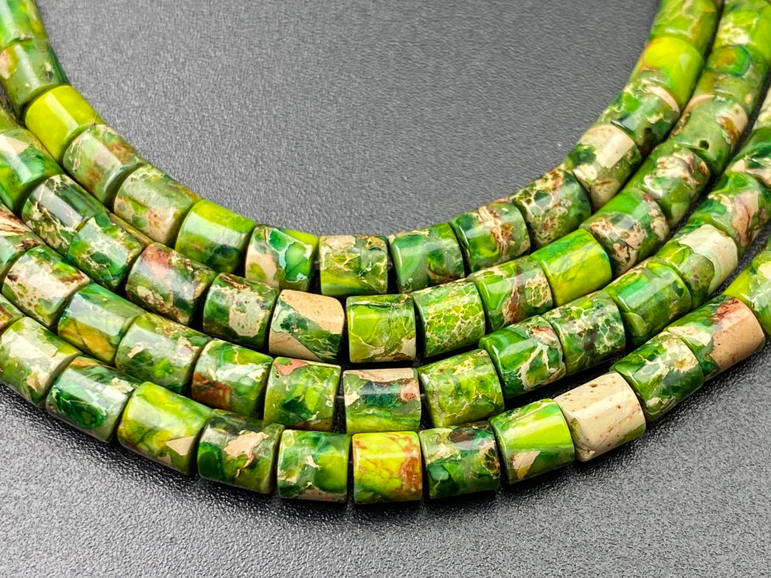15.5" 4x4mm yellow green Sea Sediment, Impression Jasper tube Heishi beads