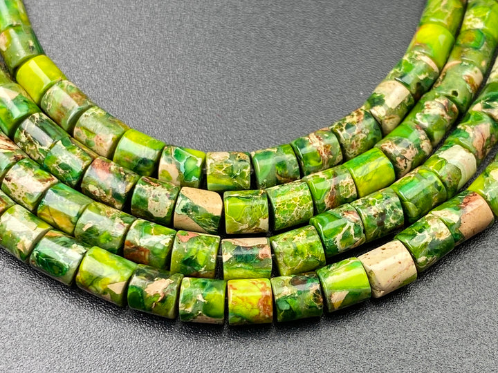 15.5" 4x4mm yellow green Sea Sediment, Impression Jasper tube Heishi beads