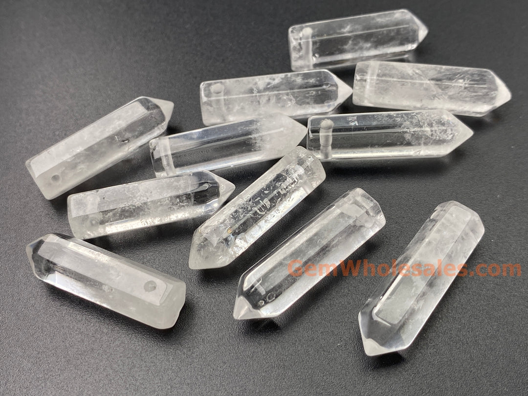 1PC 8x30mm Natural Clear Quartz Point Pendant, drilled Crystal Hexagonal Wand