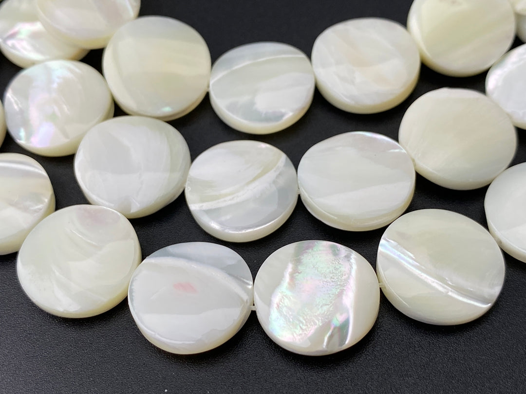 Natural white mother of pearl MOP 15mm coin beads, 15.5"