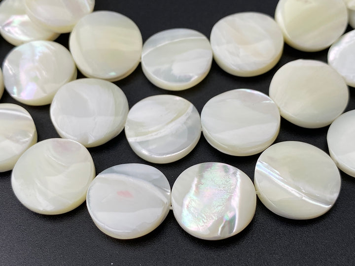 Natural white mother of pearl MOP 15mm coin beads, 15.5"