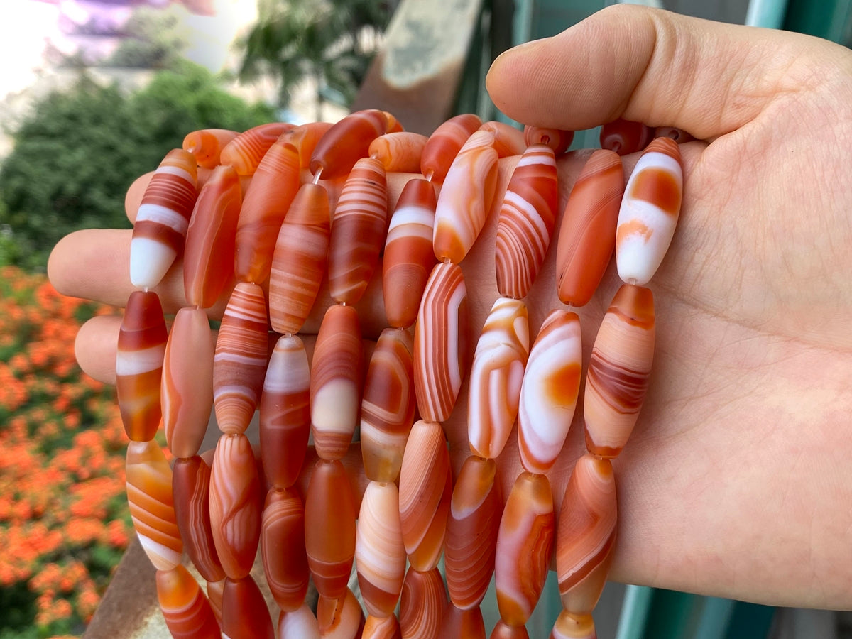 15" 10x30mm matte/frosted red stripe Agate oval/rice beads