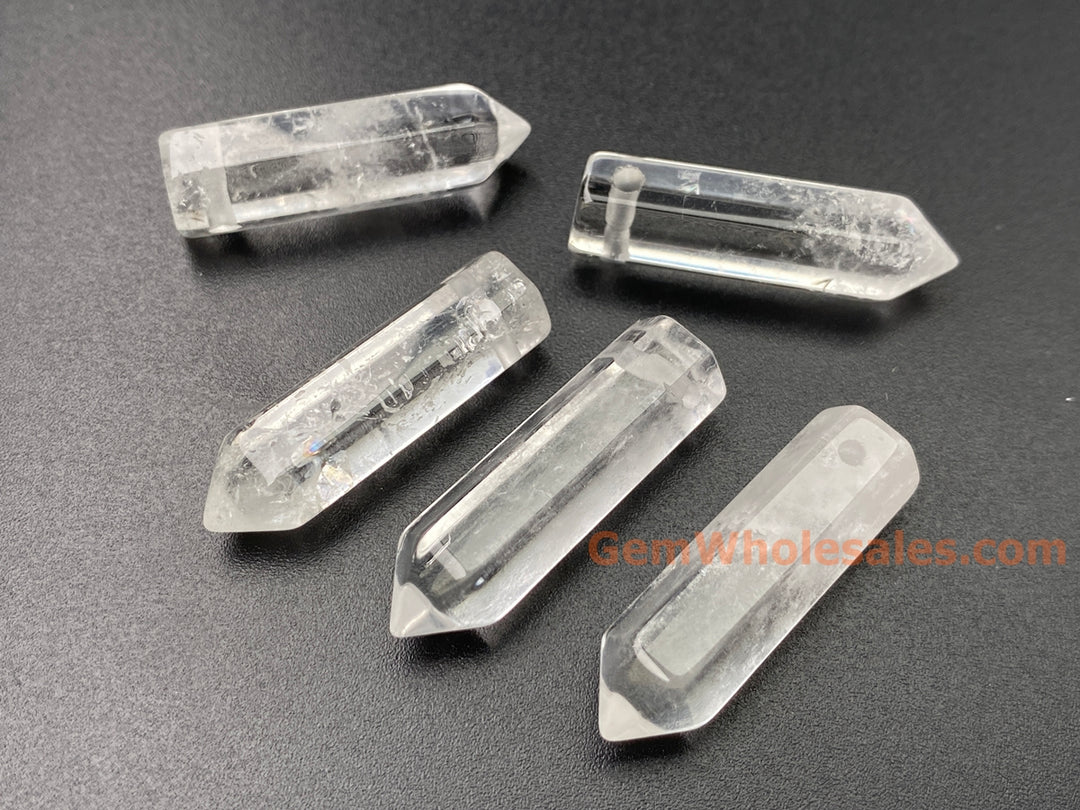 1PC 8x30mm Natural Clear Quartz Point Pendant, drilled Crystal Hexagonal Wand