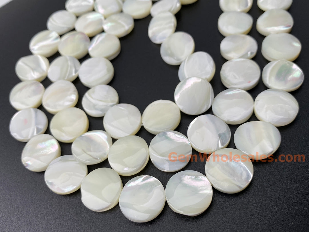 Natural white mother of pearl MOP 15mm coin beads, 15.5"