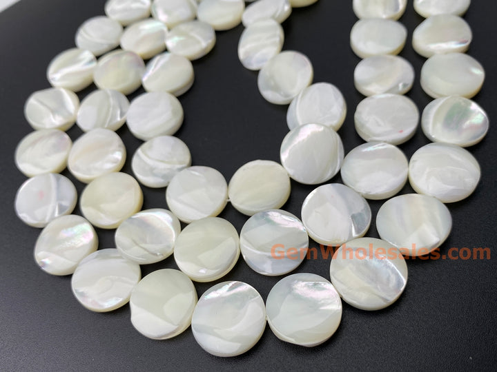 Natural white mother of pearl MOP 15mm coin beads, 15.5"