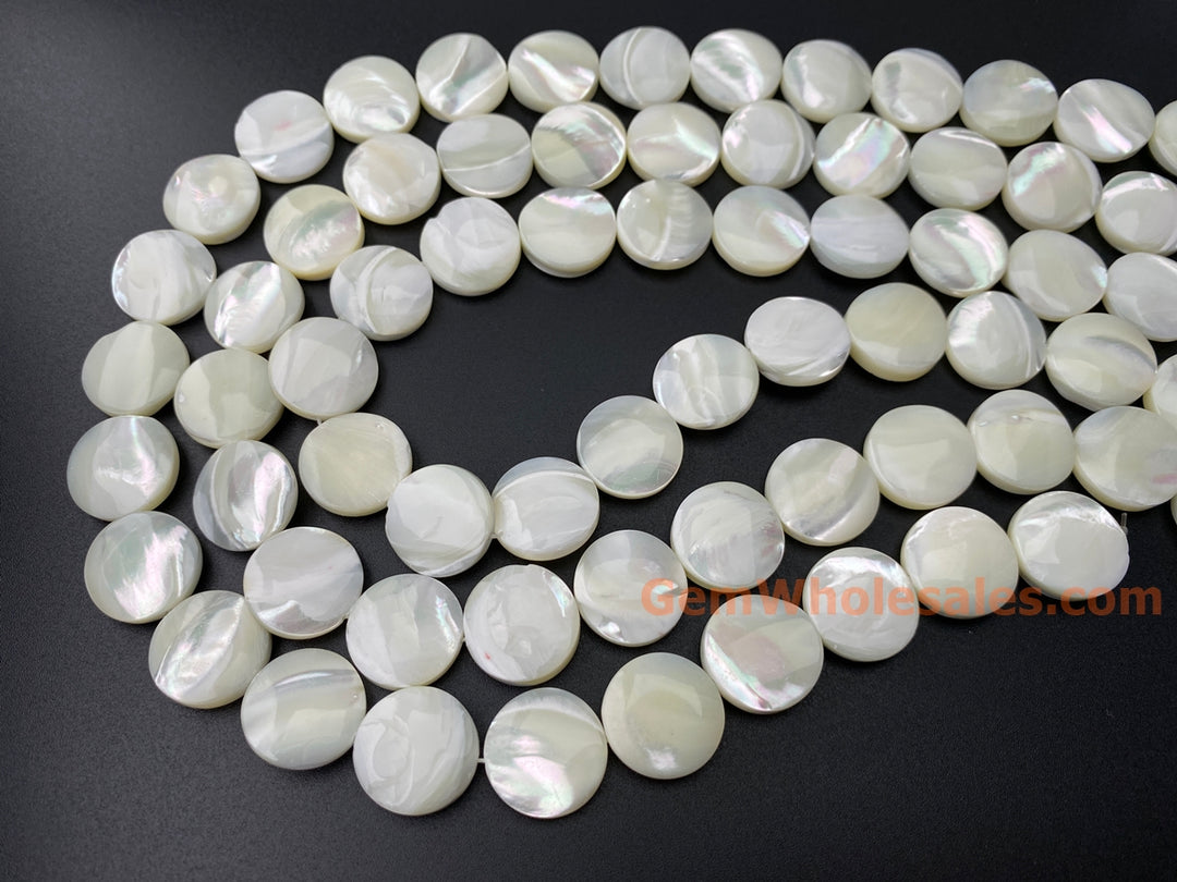 Natural white mother of pearl MOP 15mm coin beads, 15.5"
