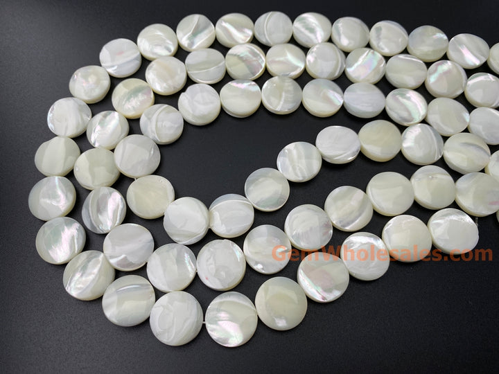 Natural white mother of pearl MOP 15mm coin beads, 15.5"