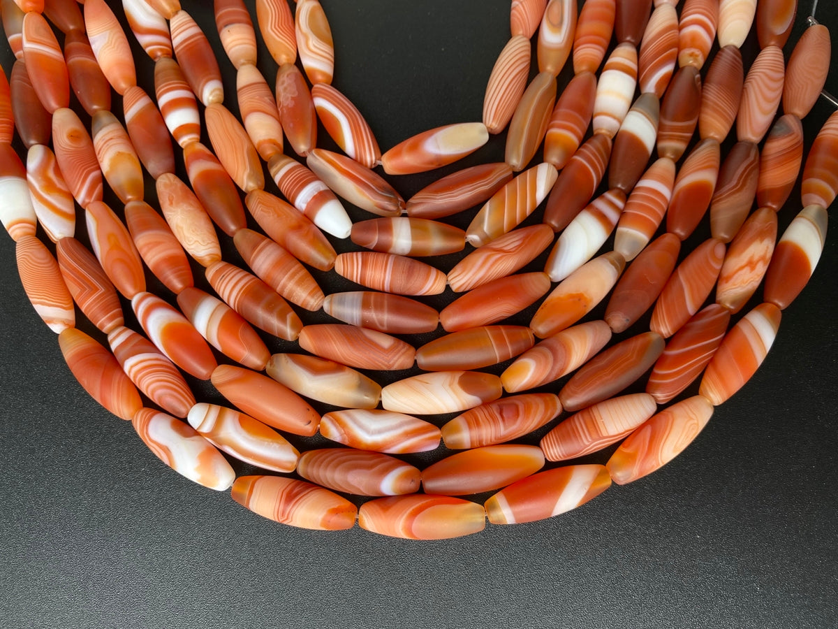 15" 10x30mm matte/frosted red stripe Agate oval/rice beads