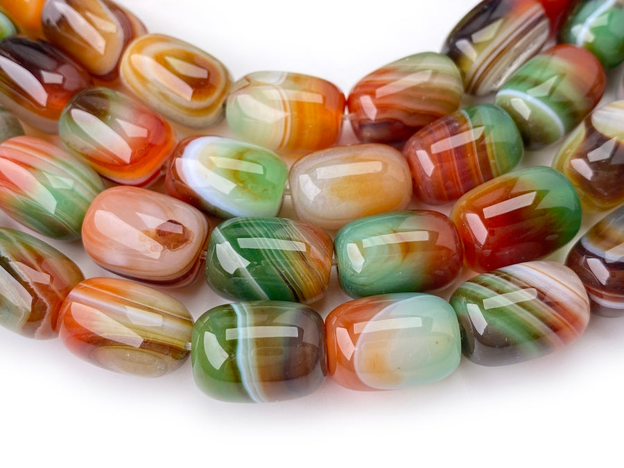 10x14mm Red Green banded Agate barrel beads, 15"