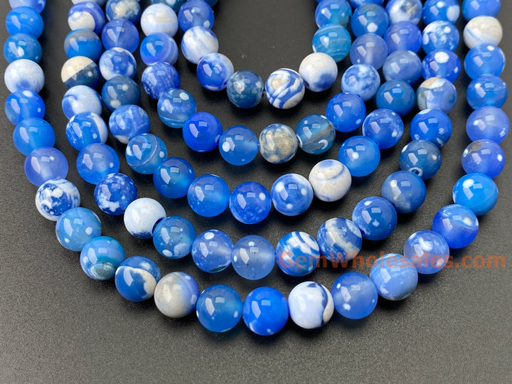 10mm blue white Dream Fire agate round beads, 15"