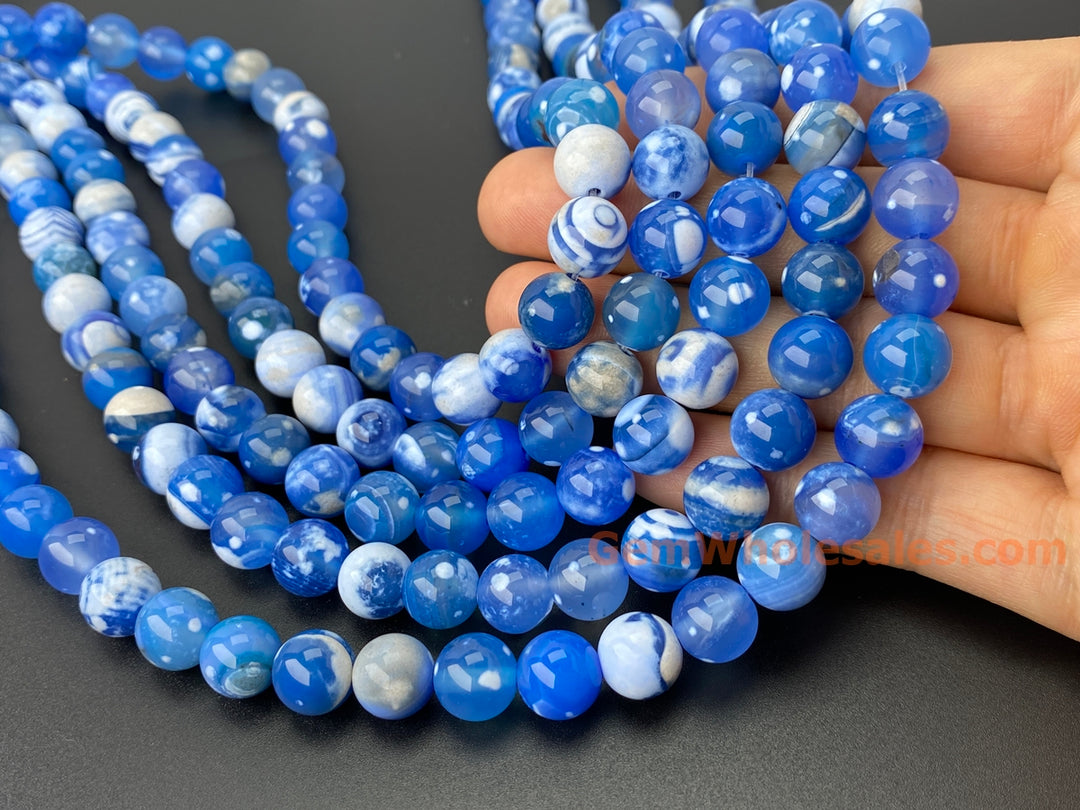 10mm blue white Dream Fire agate round beads, 15"