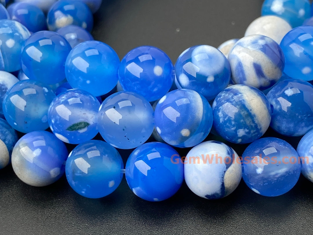 10mm blue white Dream Fire agate round beads, 15"