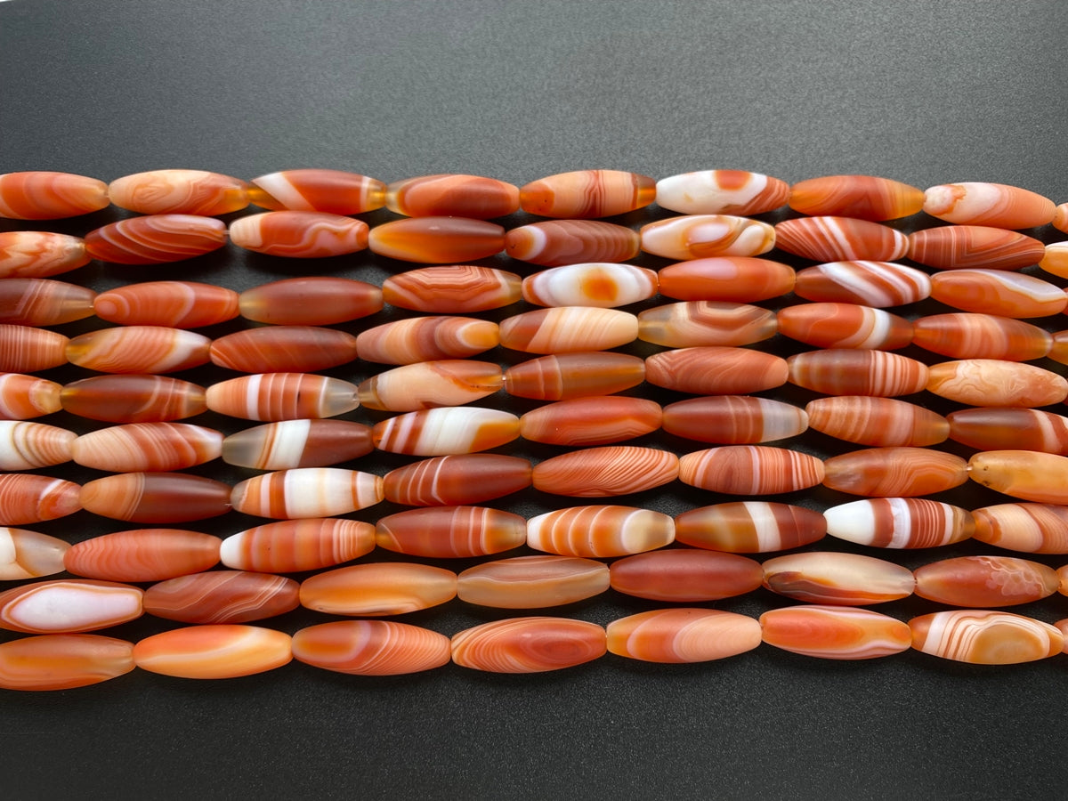 15" 10x30mm matte/frosted red stripe Agate oval/rice beads