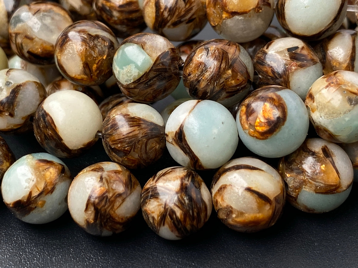 15.5" Light greenish blue Impression Jasper & Gold copper bornite round beads 6mm/8mm,Sea Sediment,Terra Jasper