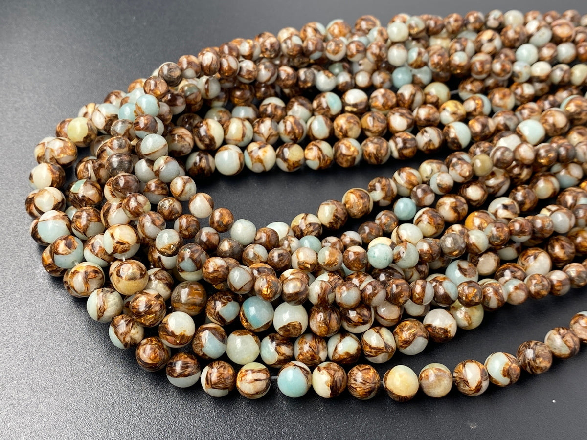 15.5" Light greenish blue Impression Jasper & Gold copper bornite round beads 6mm/8mm,Sea Sediment,Terra Jasper