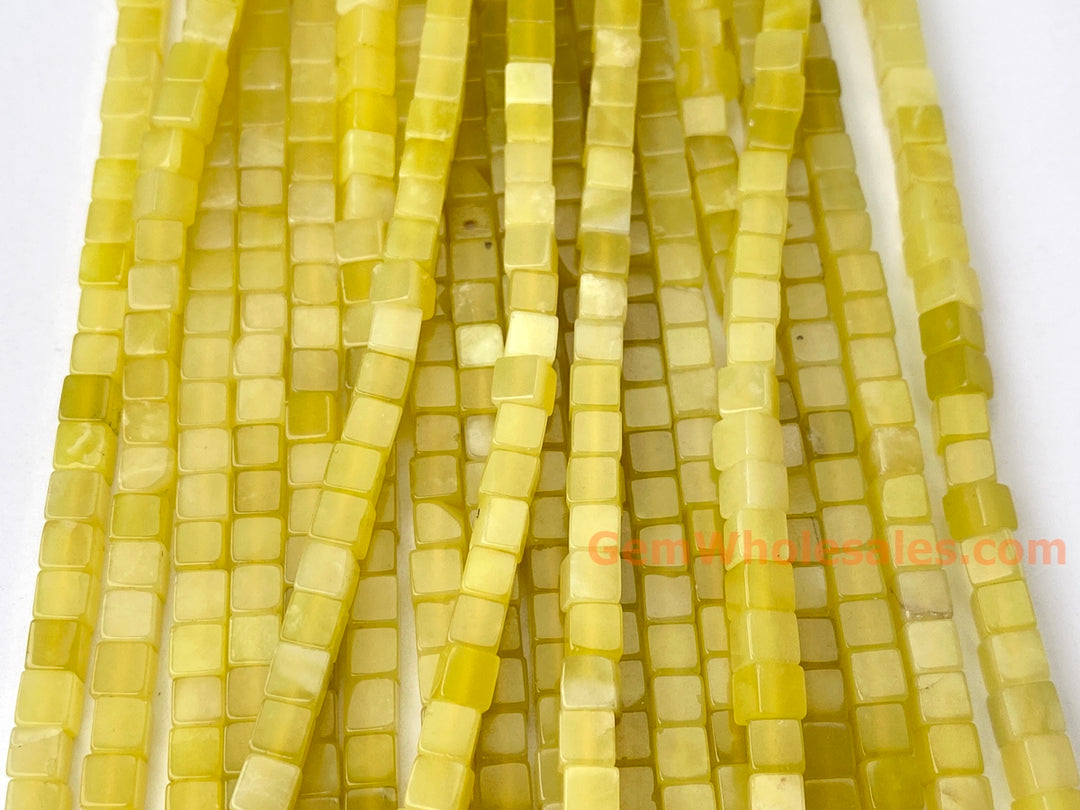 15" 4mm natural yellow olive jade/Lemon jade cube beads