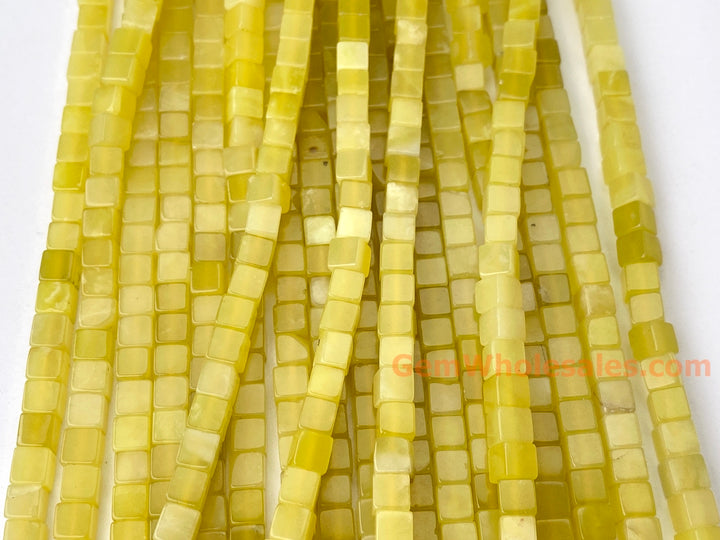 15" 4mm natural yellow olive jade/Lemon jade cube beads