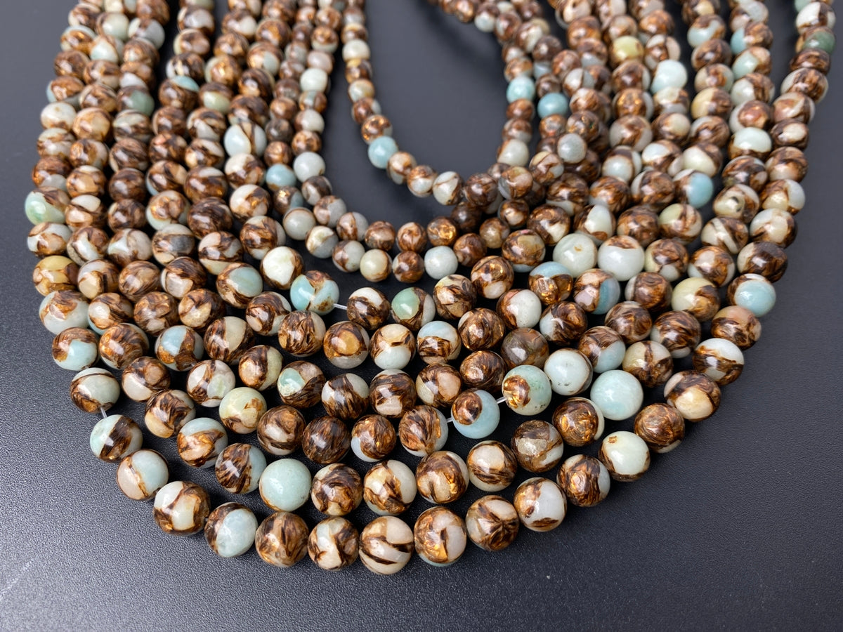 15.5" Light greenish blue Impression Jasper & Gold copper bornite round beads 6mm/8mm,Sea Sediment,Terra Jasper