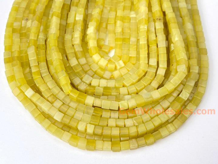 15" 4mm natural yellow olive jade/Lemon jade cube beads
