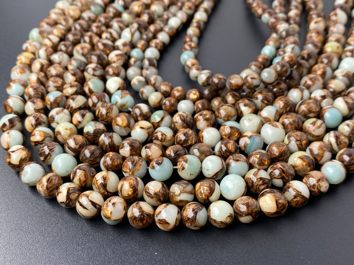 15.5" Light greenish blue Impression Jasper & Gold copper bornite round beads 6mm/8mm,Sea Sediment,Terra Jasper