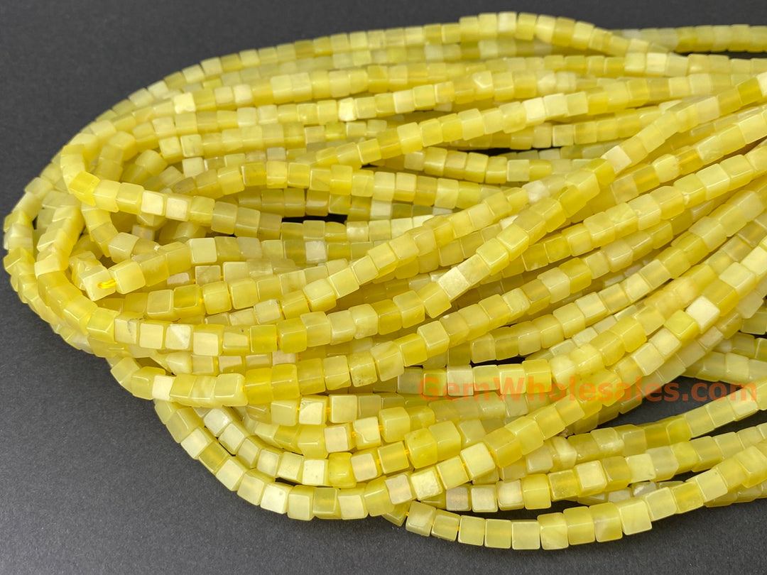 15" 4mm natural yellow olive jade/Lemon jade cube beads