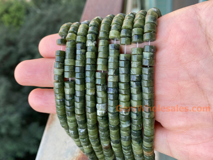 15" 3x6mm Natural green jade heishi beads for jewelry making