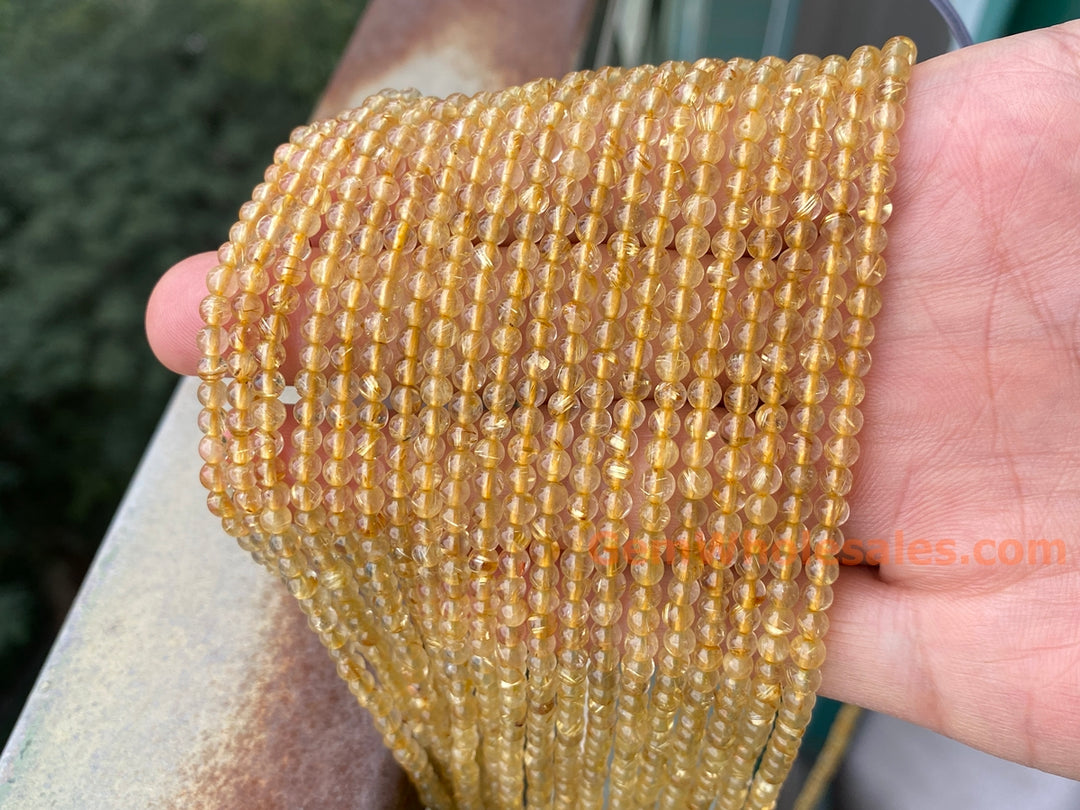 15" 3mm AA Natural golden hair rutilated quartz round crystal beads