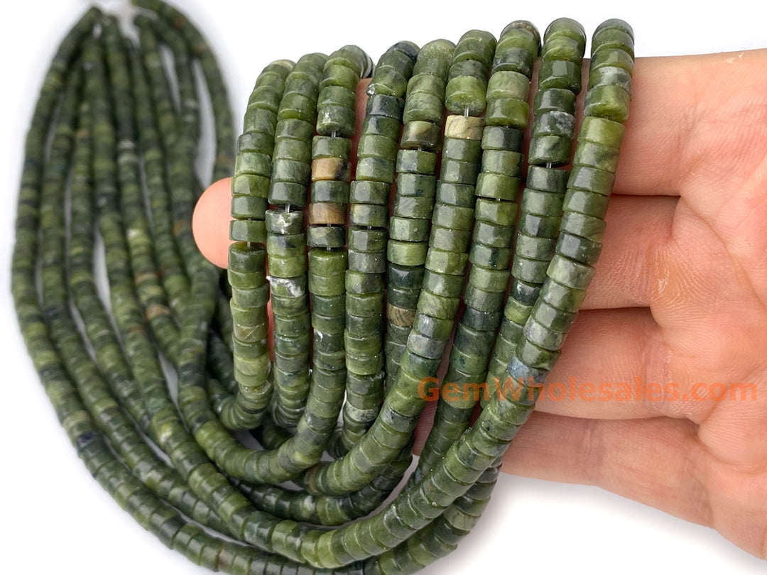 15" 3x6mm Natural green jade heishi beads for jewelry making