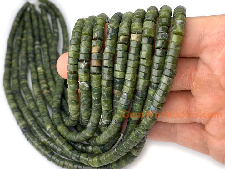 15" 3x6mm Natural green jade heishi beads for jewelry making