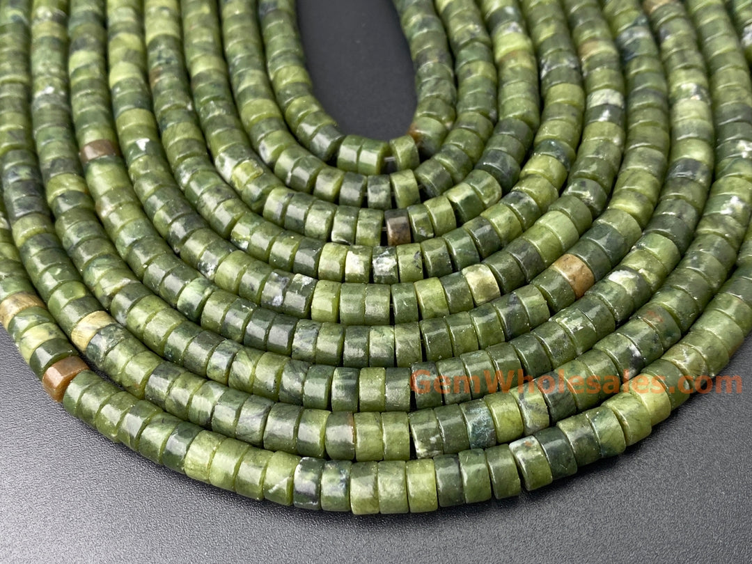 15" 3x6mm Natural green jade heishi beads for jewelry making