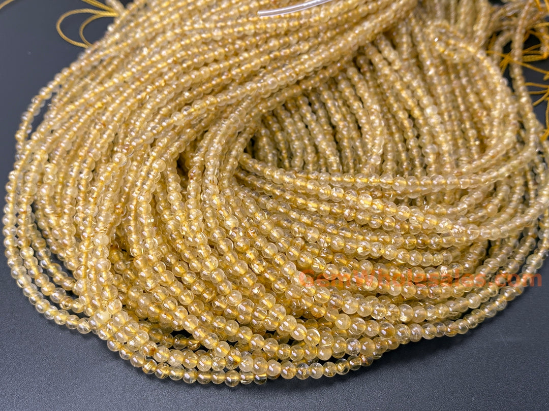 15" 3mm AA Natural golden hair rutilated quartz round crystal beads