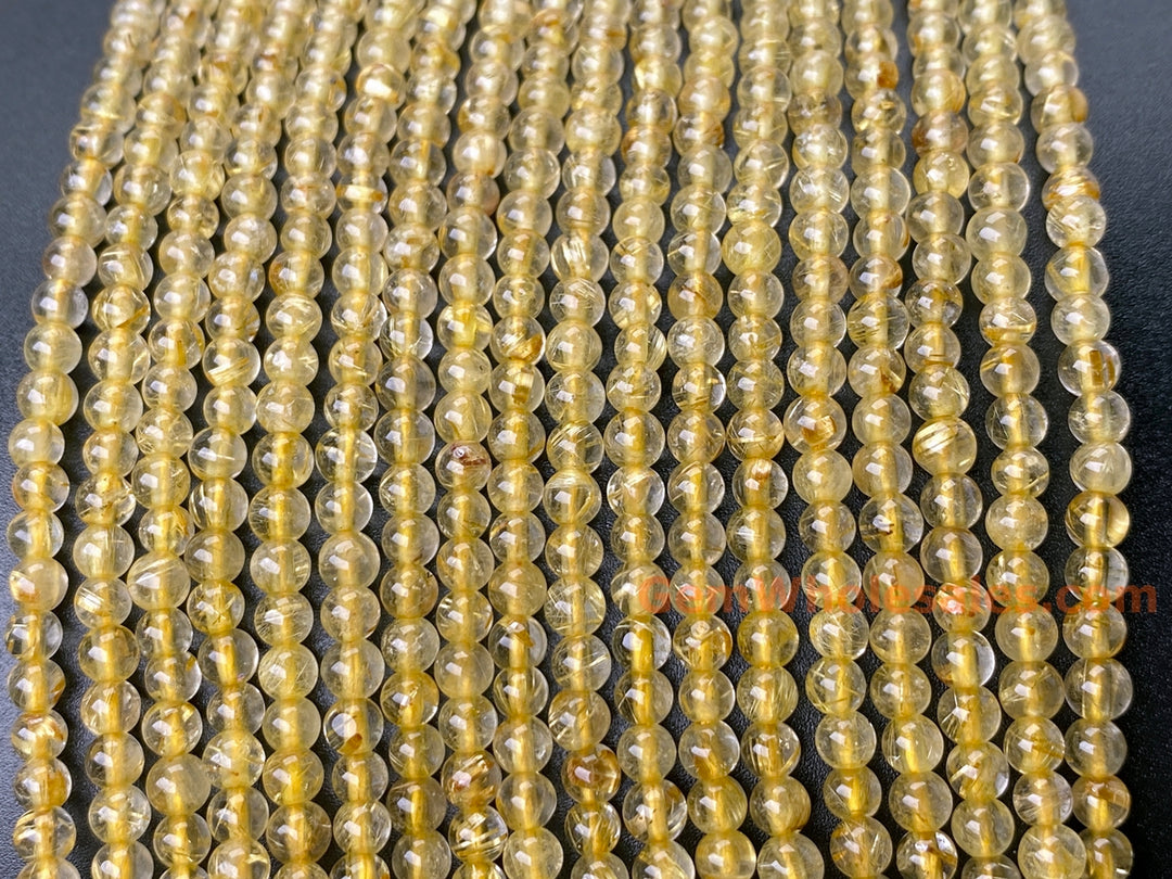 15" 3mm AA Natural golden hair rutilated quartz round crystal beads
