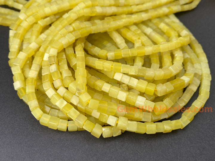 15" 4mm natural yellow olive jade/Lemon jade cube beads