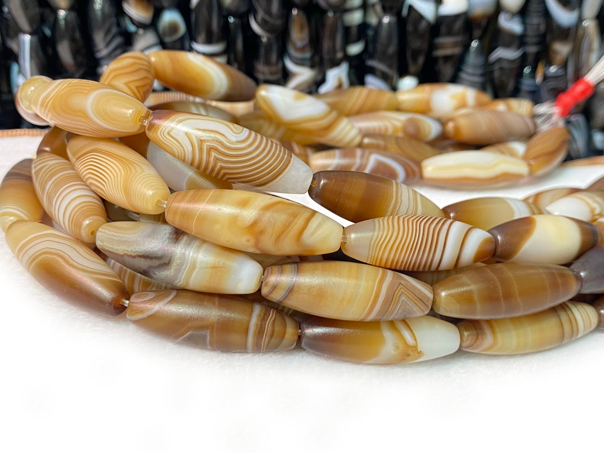 15" 10x30mm matte/frosted brown stripe Agate oval/rice beads