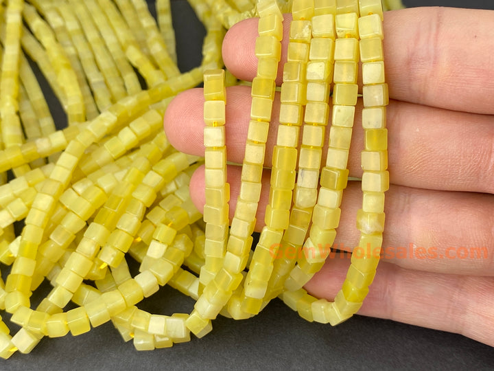 15" 4mm natural yellow olive jade/Lemon jade cube beads