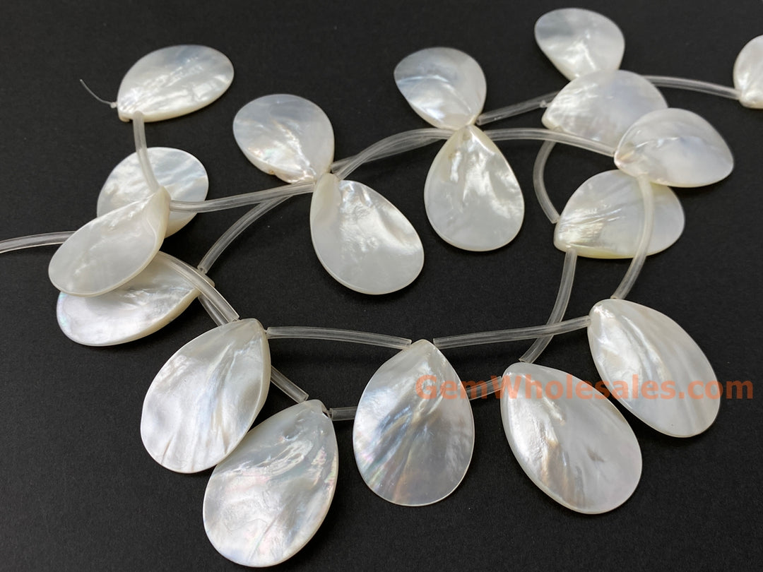 Natural white mother of pearl MOP 25x35mm teardrop beads, 15.5"