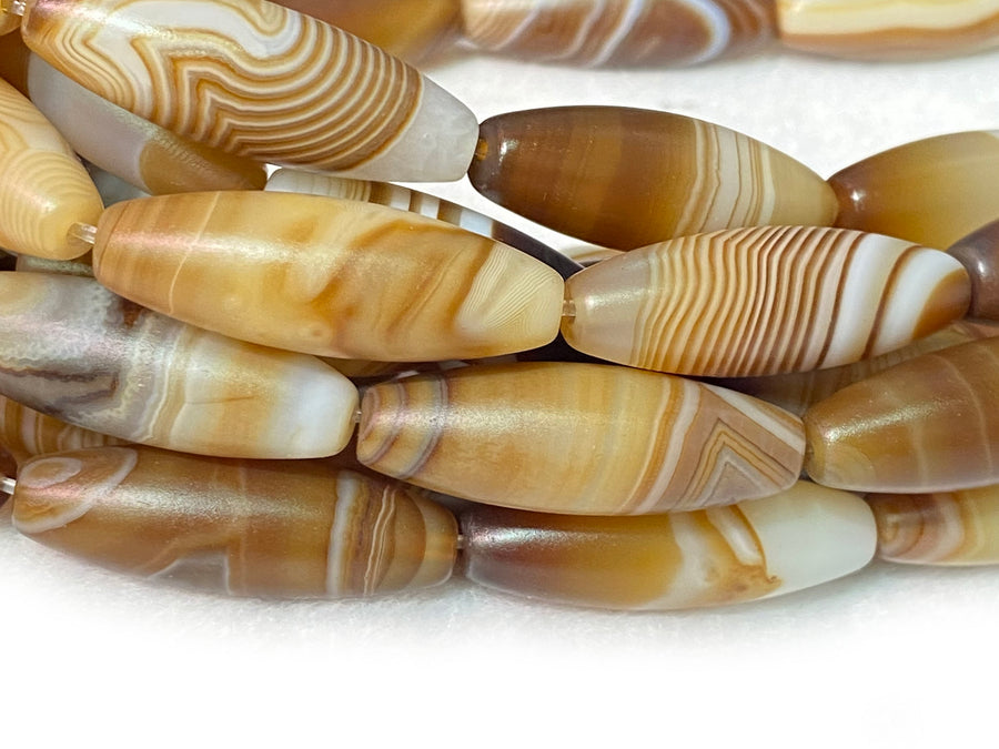 15" 10x30mm matte/frosted brown stripe Agate oval/rice beads