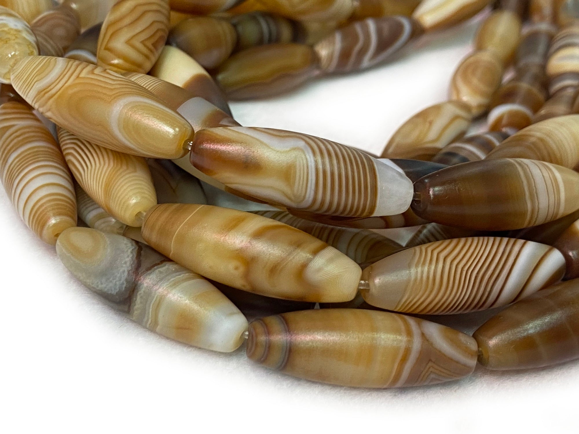 15" 10x30mm matte/frosted brown stripe Agate oval/rice beads