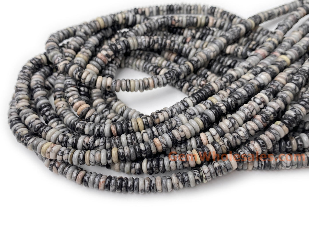 15" 2x6mm Natural spider web jasper rondelle heishi spacer beads