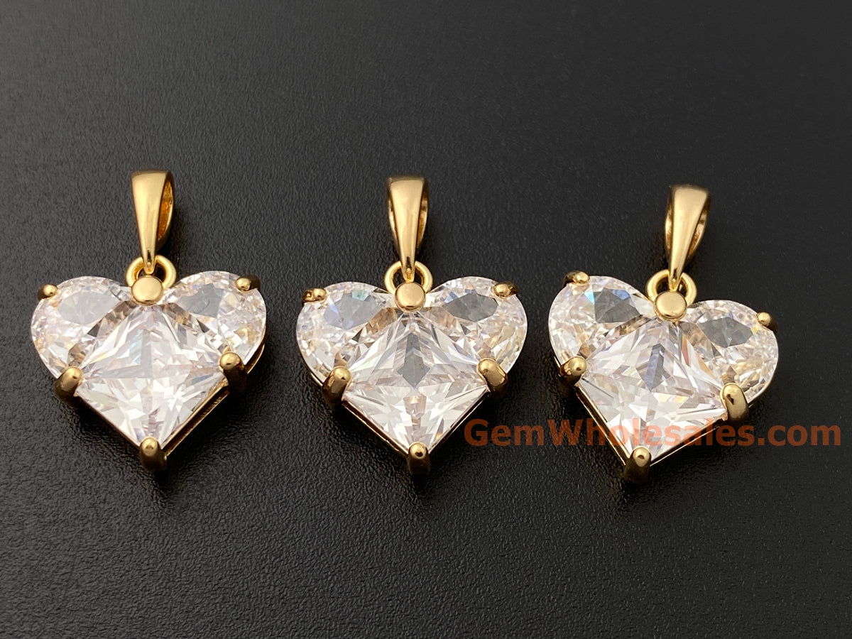 2PCS 14mm clear CZ heart, gold plated brass heart charms pendant