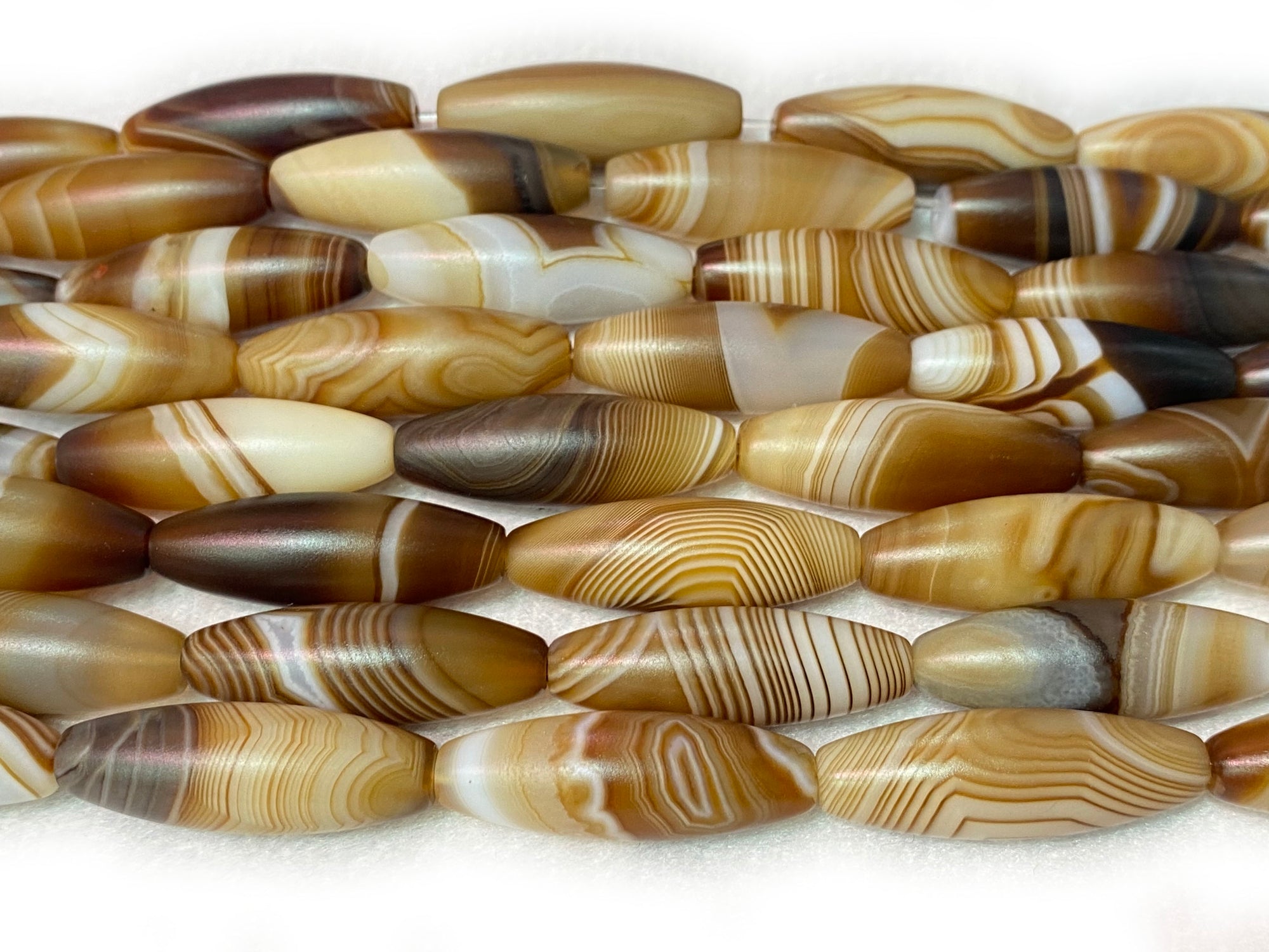 15" 10x30mm matte/frosted brown stripe Agate oval/rice beads