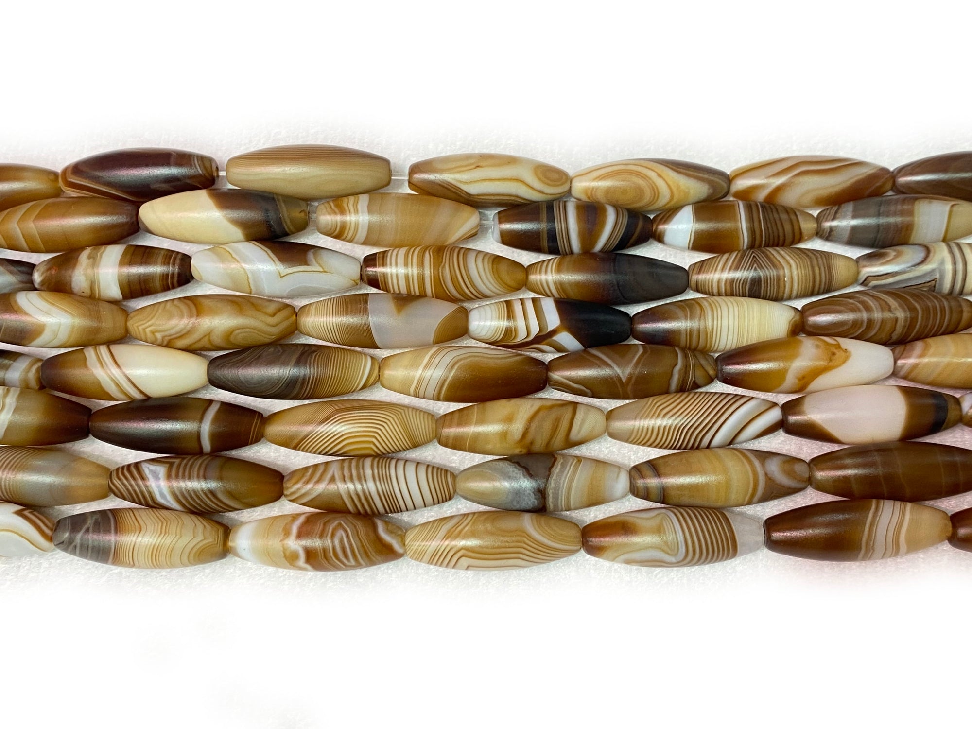 15" 10x30mm matte/frosted brown stripe Agate oval/rice beads