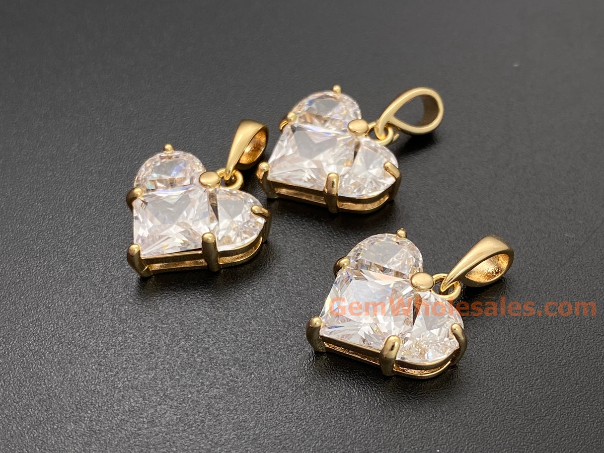 2PCS 14mm clear CZ heart, gold plated brass heart charms pendant