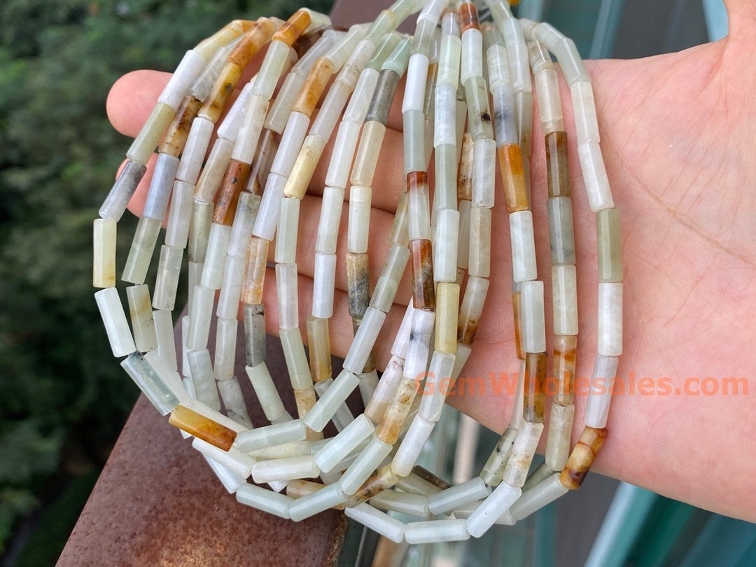 15.5" 4x13mm yellow flower jade Tube beads gemstone