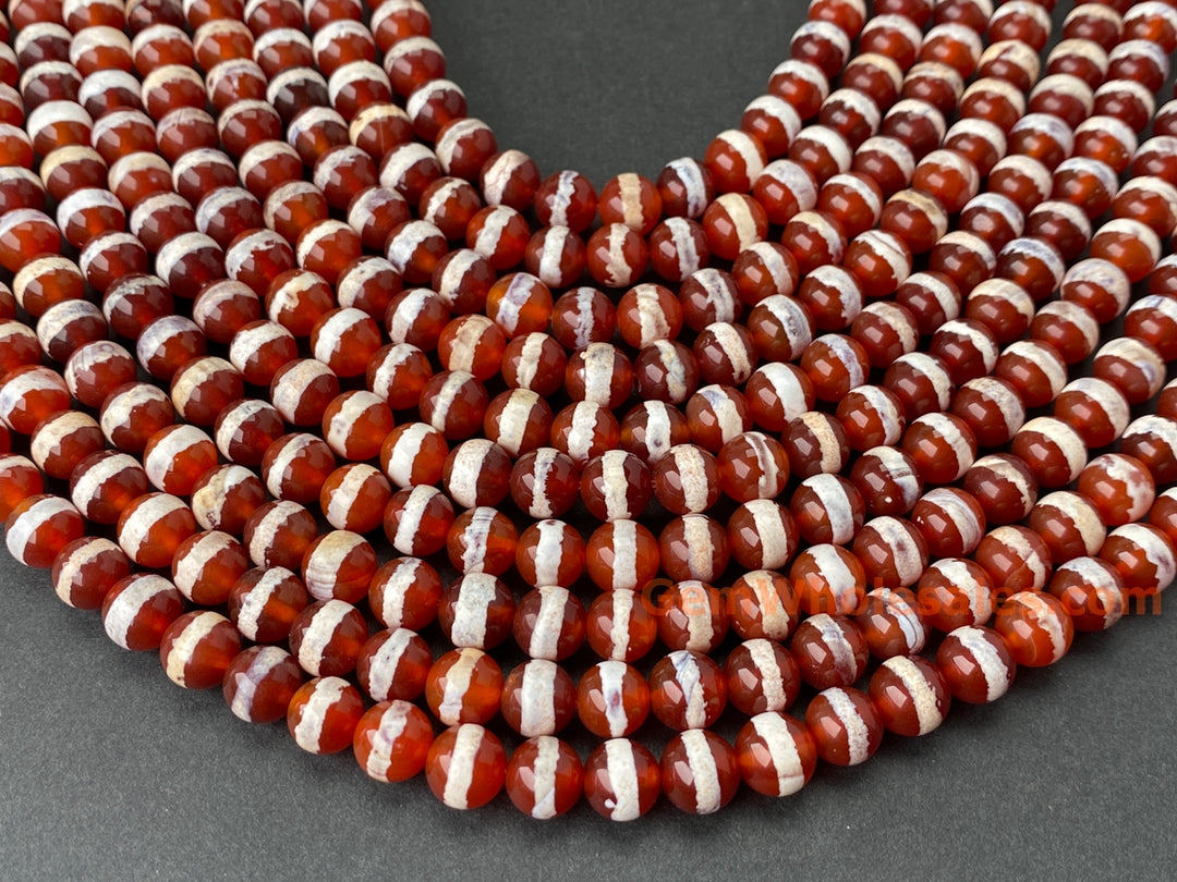 15" 8mm Dark Red tibetan Dzi agate round beads, white line